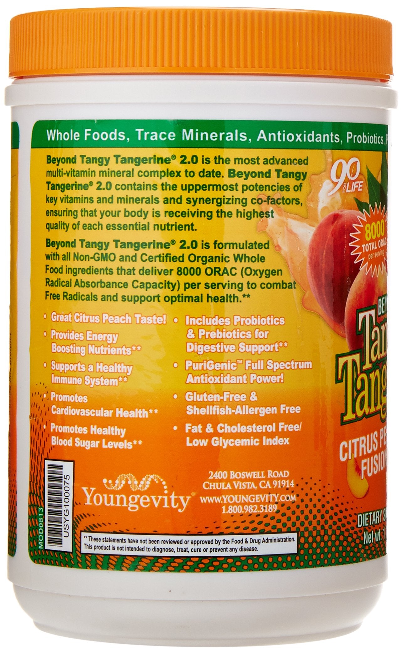 Youngevity Beyond Tangy Tangerine 2.0 label close-up highlights organic blend.
