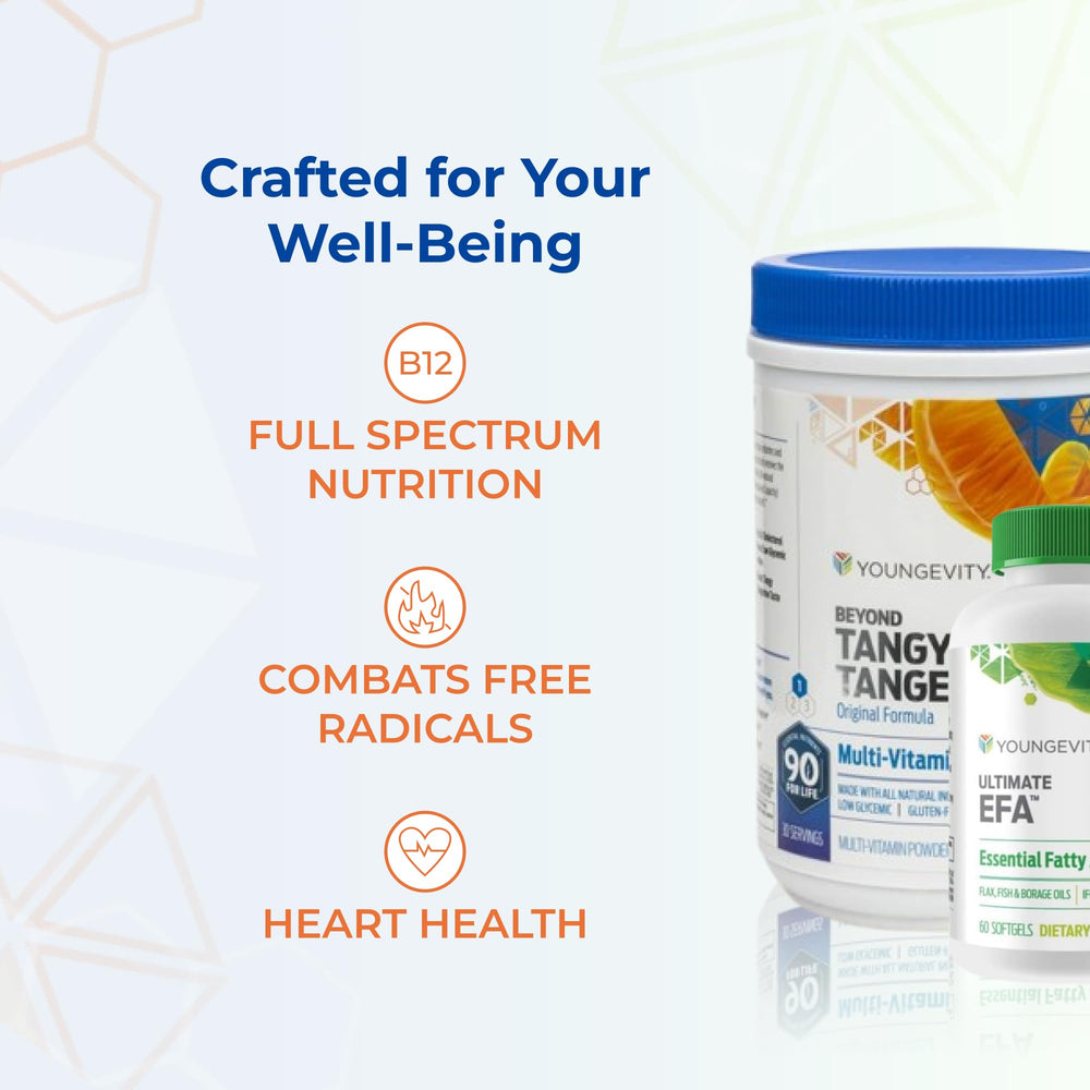 Youngevity Tangy Tangerine bottle beside Ultimate EFA Plus bottle