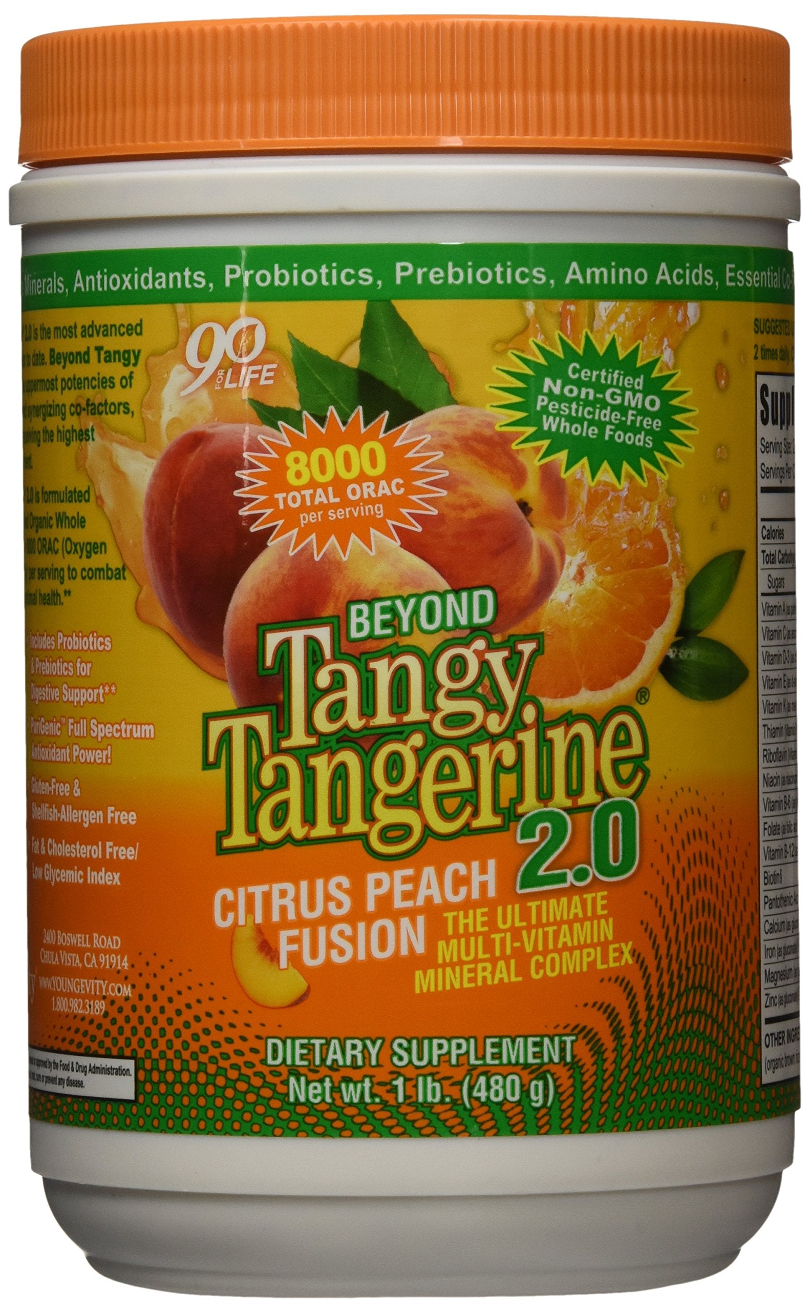 Youngevity Beyond Tangy Tangerine 2.0 packaging highlights organic multivitamin for daily wellness.