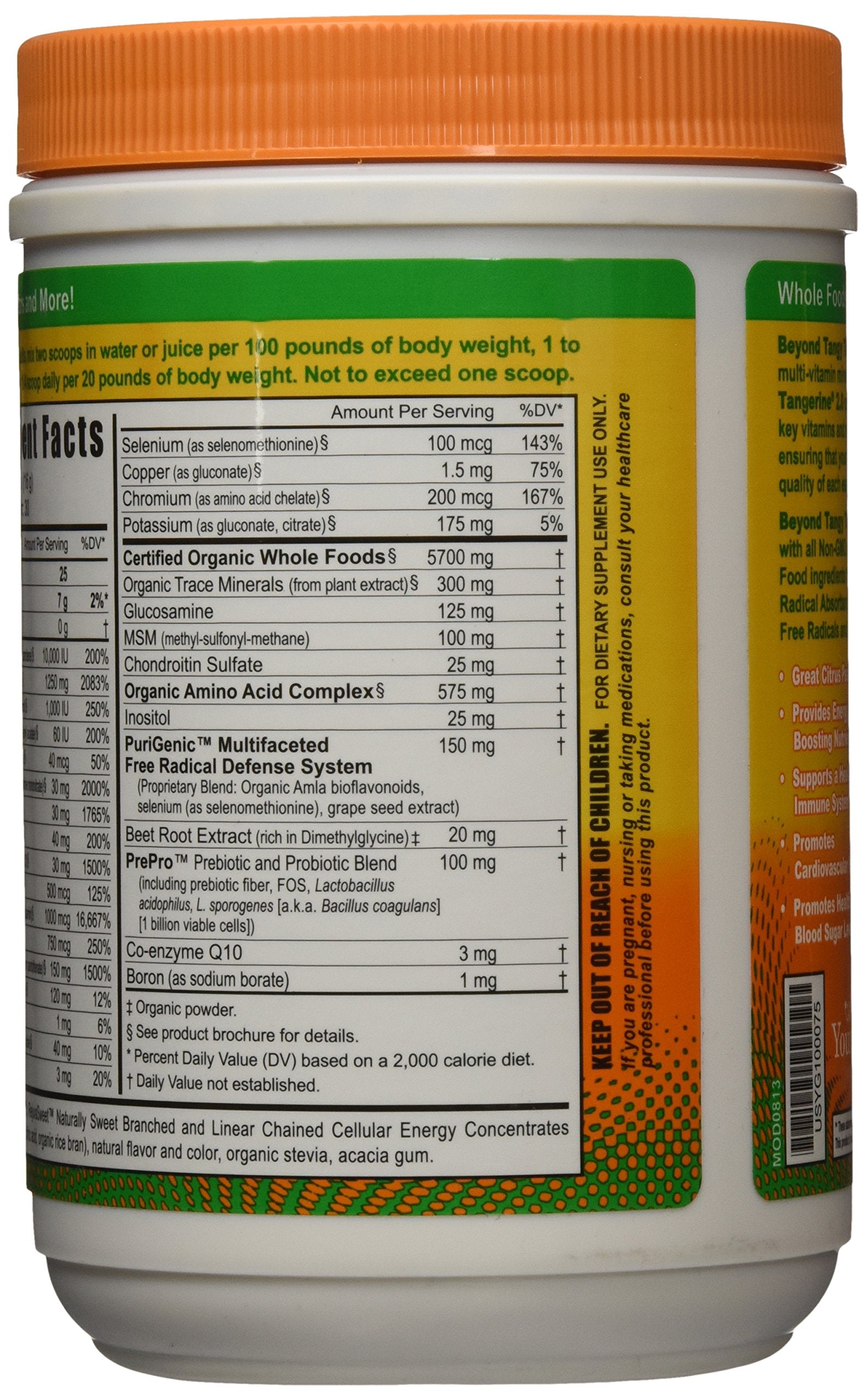 Youngevity Beyond Tangy Tangerine 2.0 ingredient list highlights organic whole-food components.