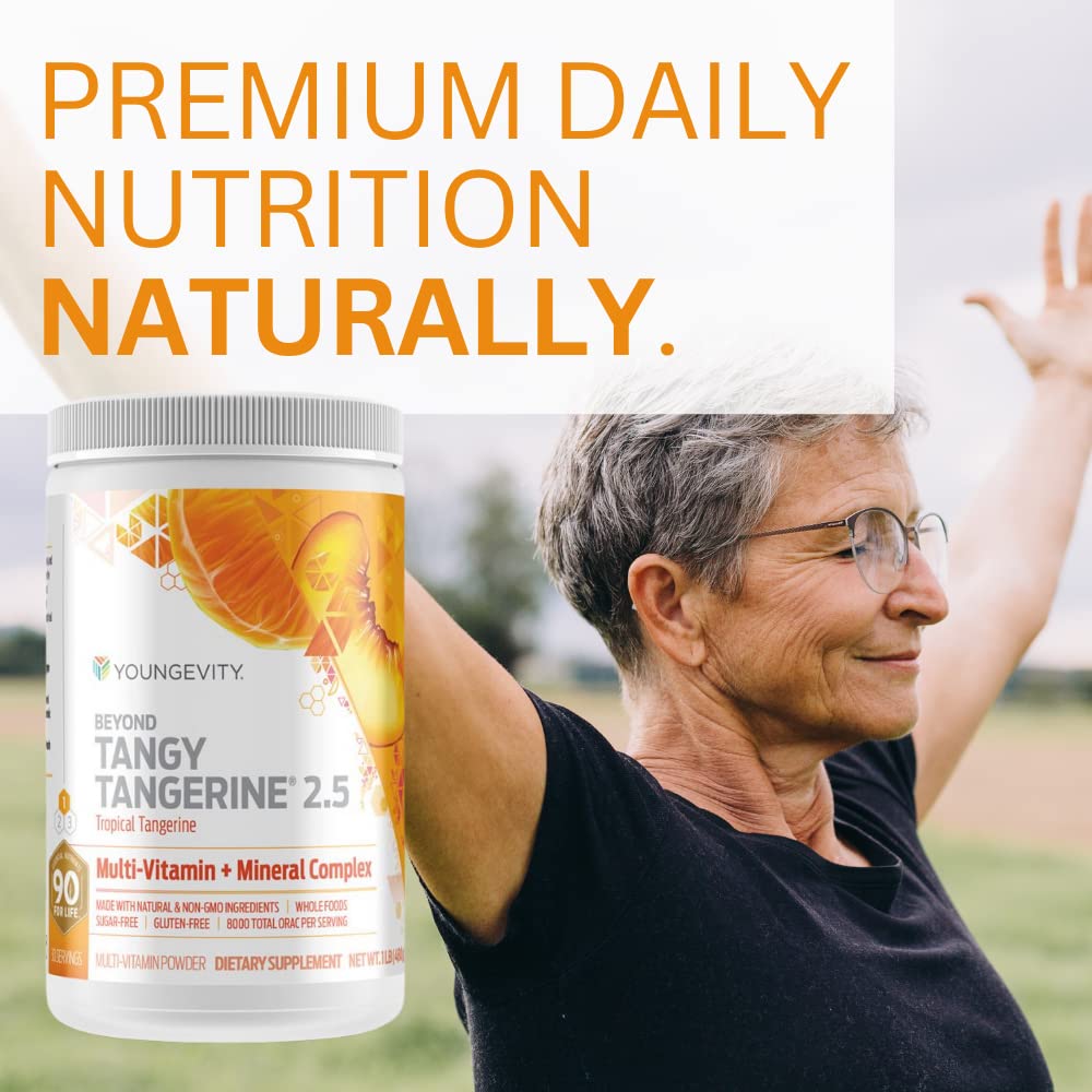 Youngevity Beyond Tangy Tangerine 2.5 tropical-tangerine label closeup highlighting non-GMO formula.