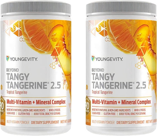 Youngevity Beyond Tangy Tangerine 2.5 tropical-tangerine powder tub with natural whole-food ingredients.