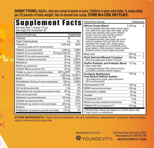 Youngevity Beyond Tangy Tangerine 2.5 scoop beside the tub for easy daily mixing.