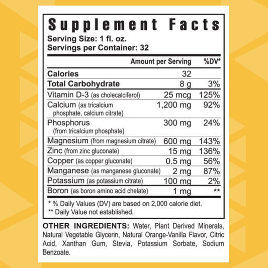 Youngevity Cal Toddy bottle label shows D3 and trace minerals for overall mineral balance.
