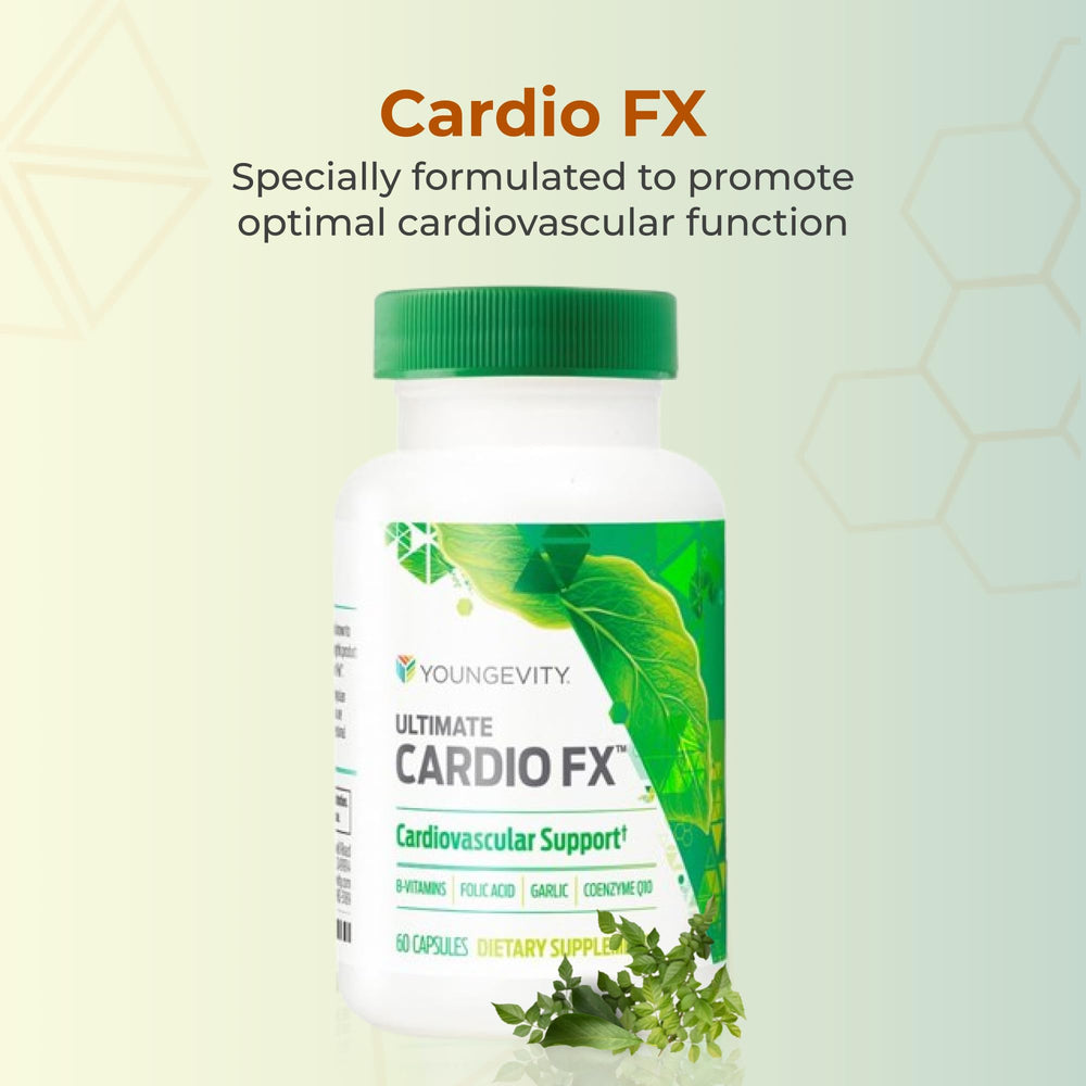 Youngevity Cardio FX bottle back label shows usage directions for daily supplementation.