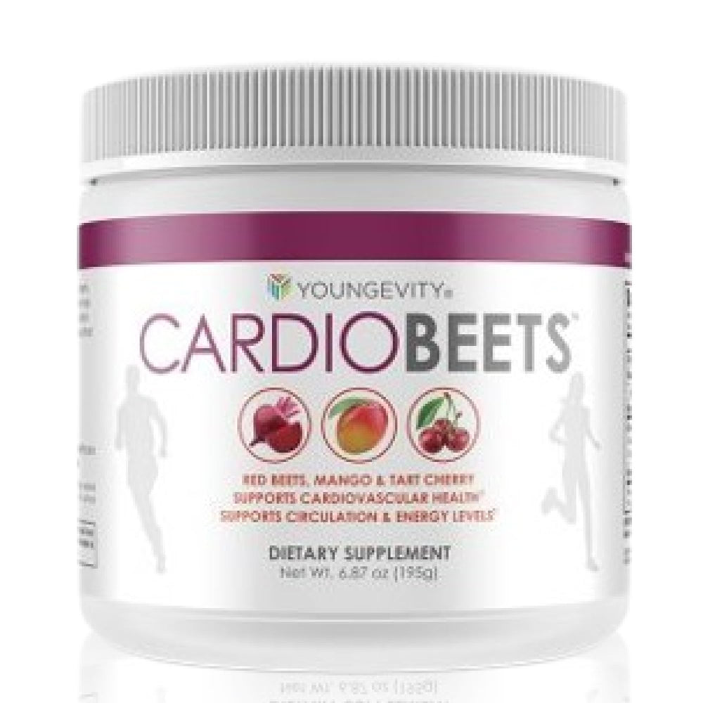Youngevity CardioBeets bottle front with bold label for daily energy support