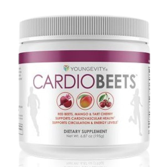 Youngevity CardioBeets bottle front with bold label for daily energy support