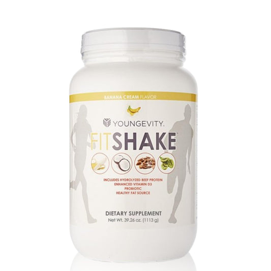 Youngevity FitShake Banana Cream bottle, convenient gut-friendly protein source.