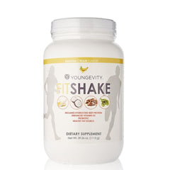 Youngevity FitShake Banana Cream bottle, convenient gut-friendly protein source.