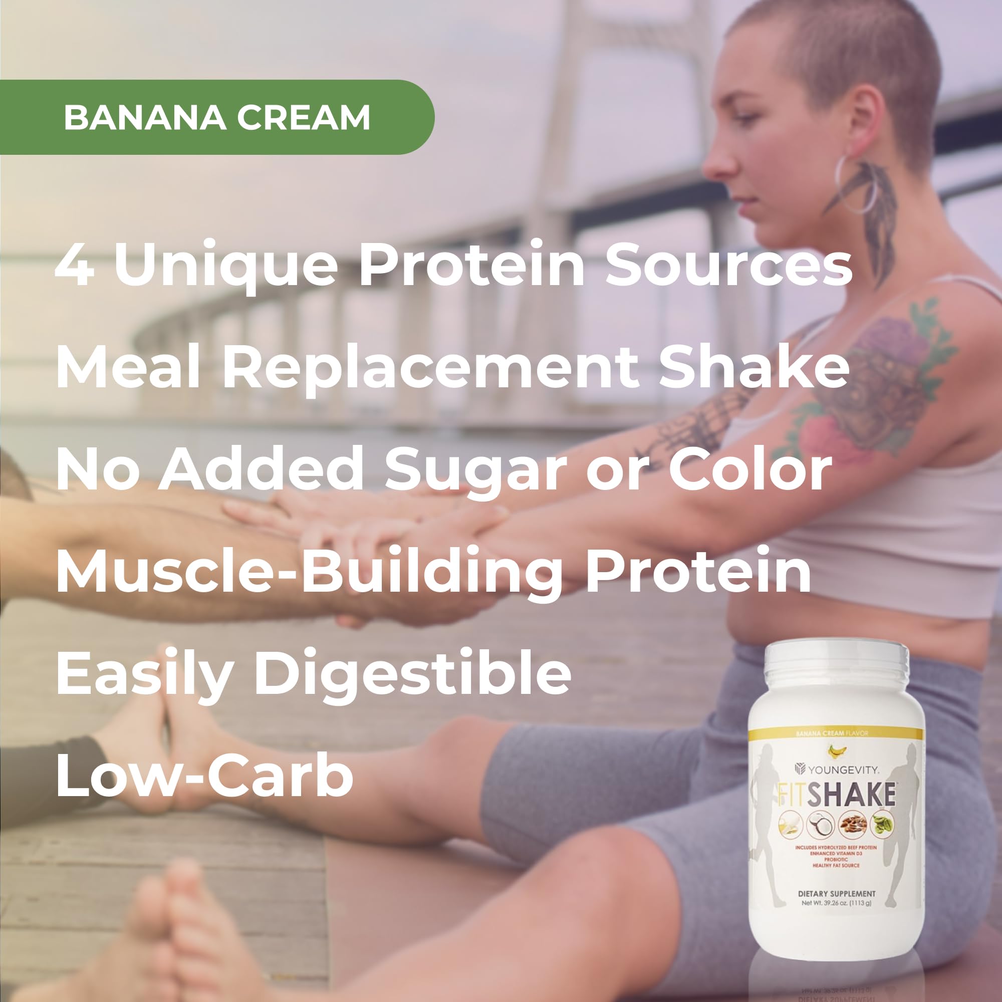 Youngevity FitShake Banana Cream glass with shake, creamy texture.