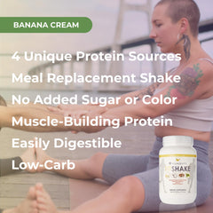 Youngevity FitShake Banana Cream glass with shake, creamy texture.