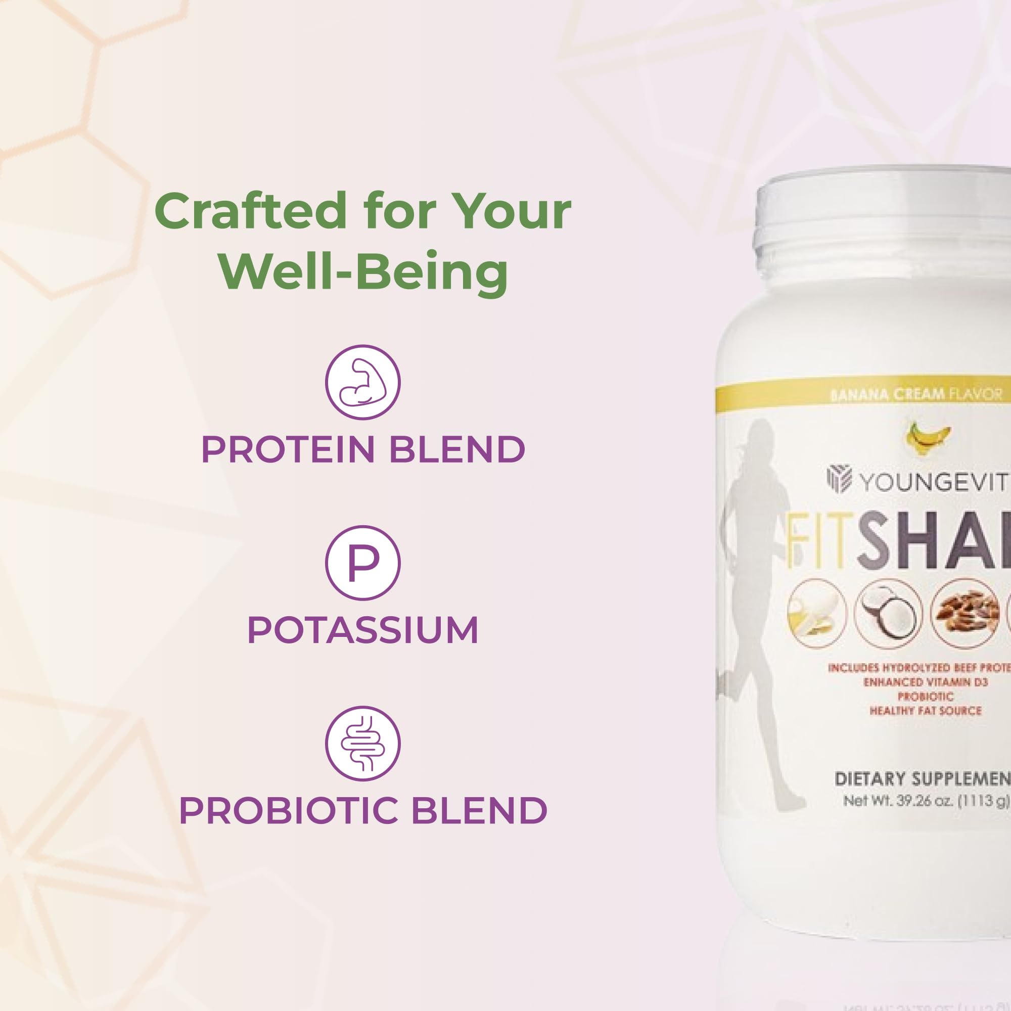 Youngevity FitShake Banana Cream ingredients blend highlights protein sources and enzymes.
