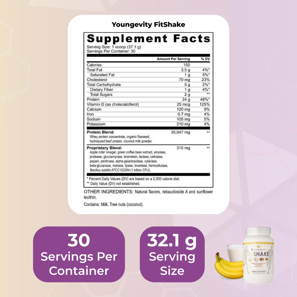Youngevity FitShake Banana Cream scoop beside glass ready to mix.