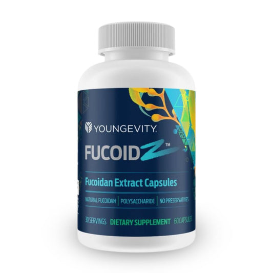 Youngevity FucoidZ bottle-front showcases purified fucoidan capsules for daily immune-friendly support.