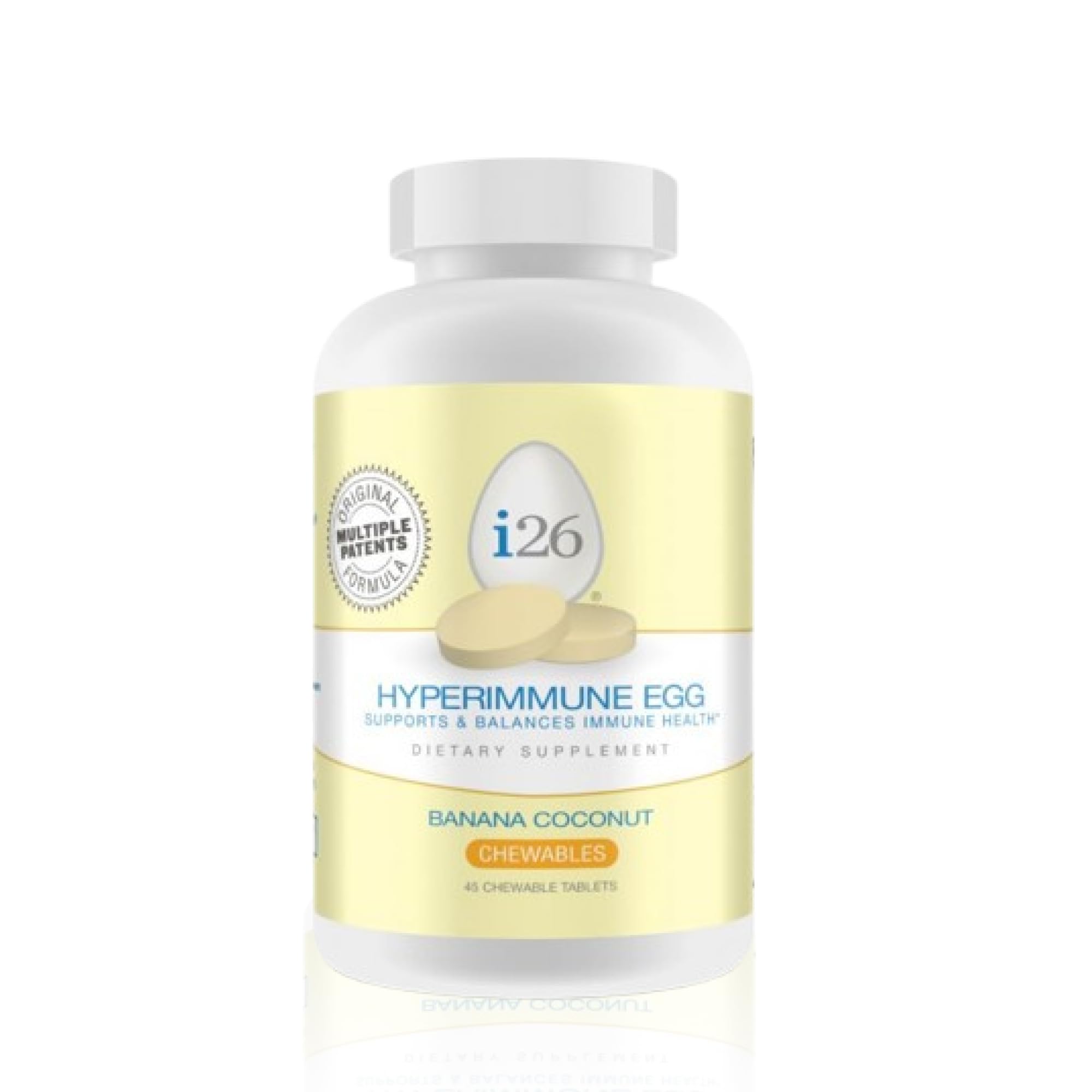 Youngevity i26 Hyperimmune Egg bottle with banana coconut chewables for daily immune support
