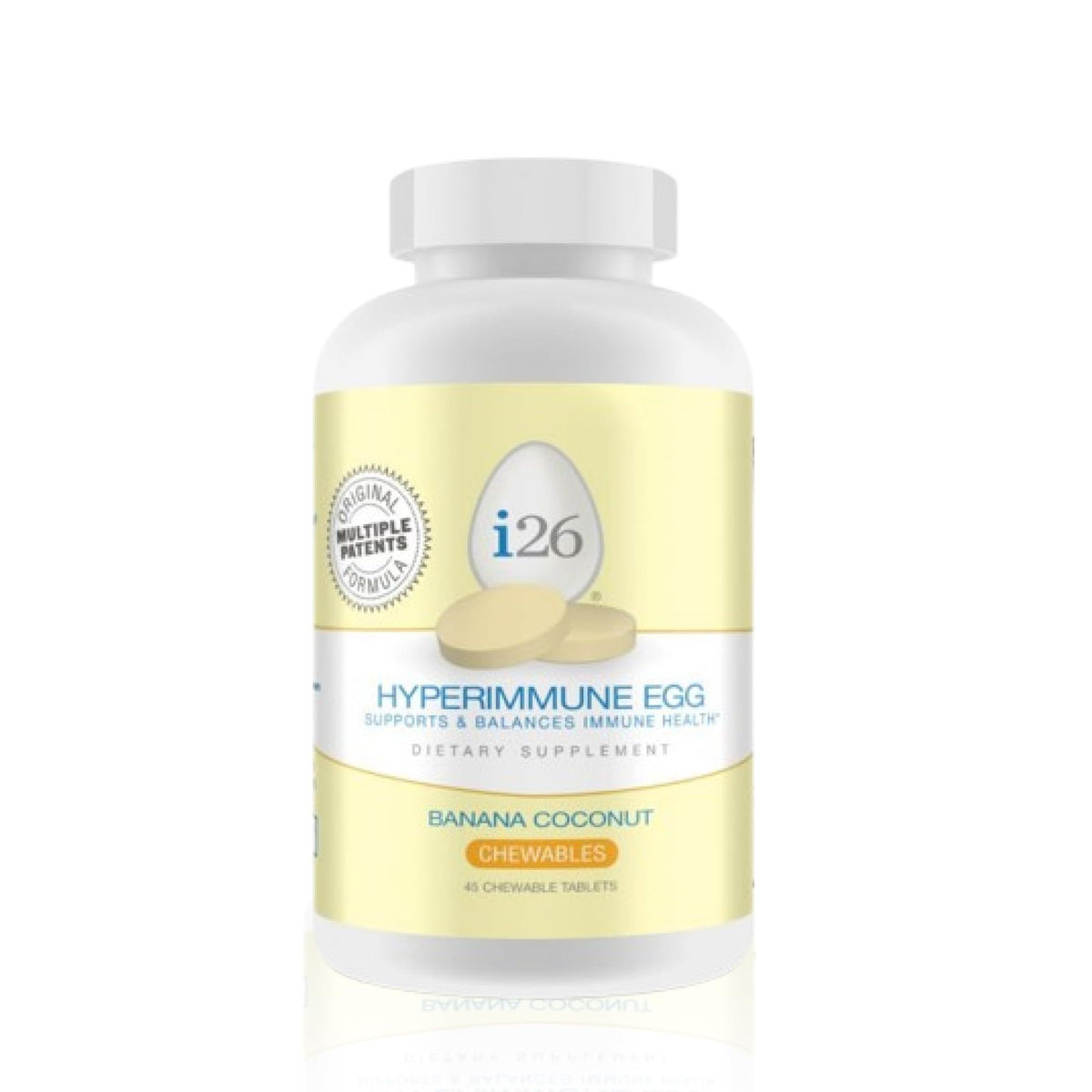 Youngevity i26 Hyperimmune Egg bottle with banana coconut chewables for daily immune support