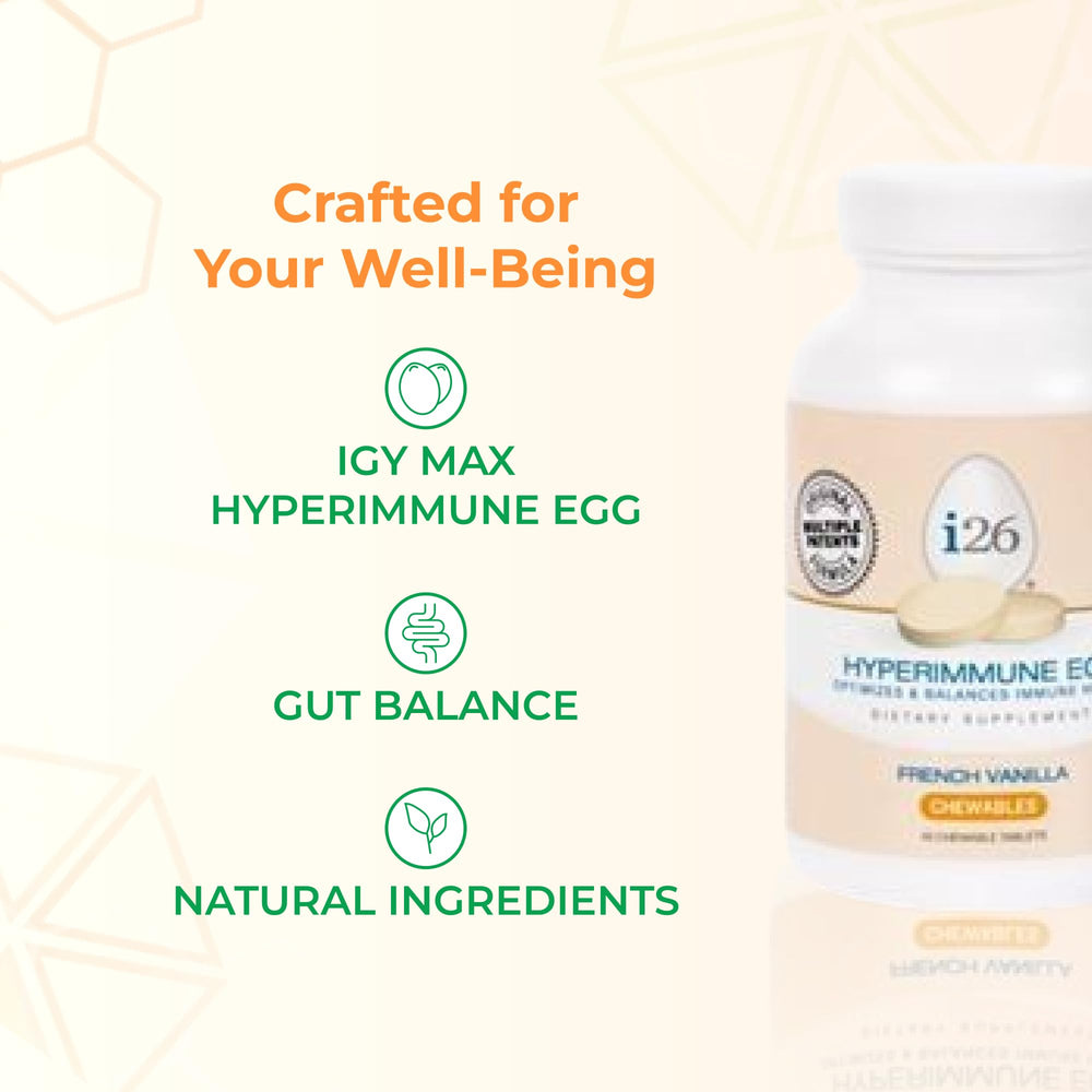Nutrition facts panel for Youngevity i26 Hyperimmune Egg highlighting allergen-free claims