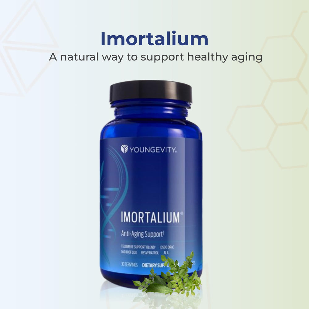 Youngevity Imortalium bottle being poured, illustrating convenient daily supplementation.