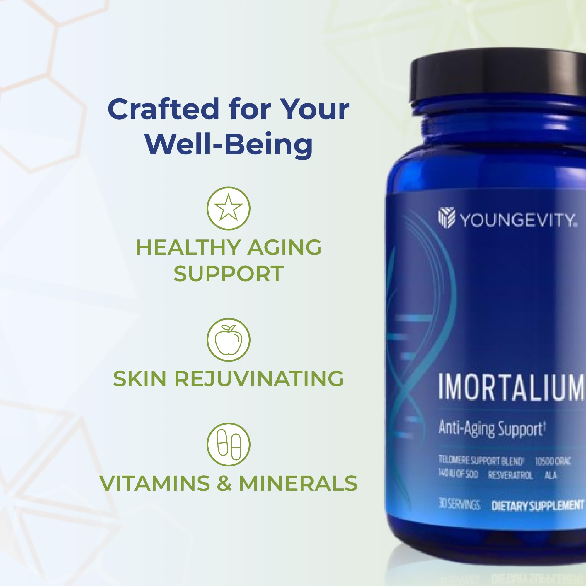 Youngevity Imortalium MSM capsule emphasizing bioavailable sulfur for skin support.