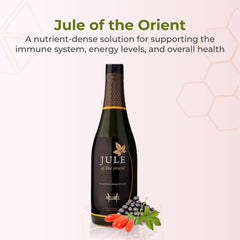 Youngevity Jule of the Orient Organic SuperJuice label close-up emphasizes organic ingredients and antioxidants.