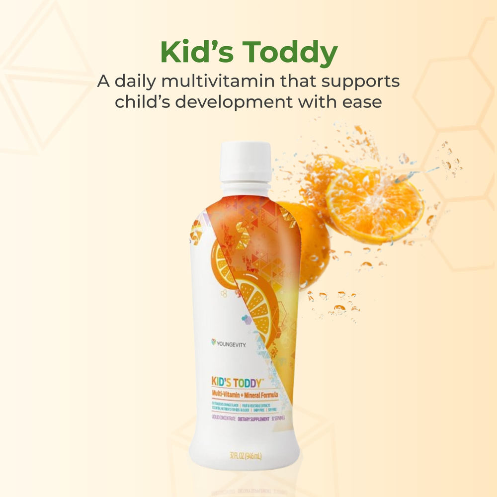 Youngevity Kid's Toddy orange pour demonstrating easy serving for families