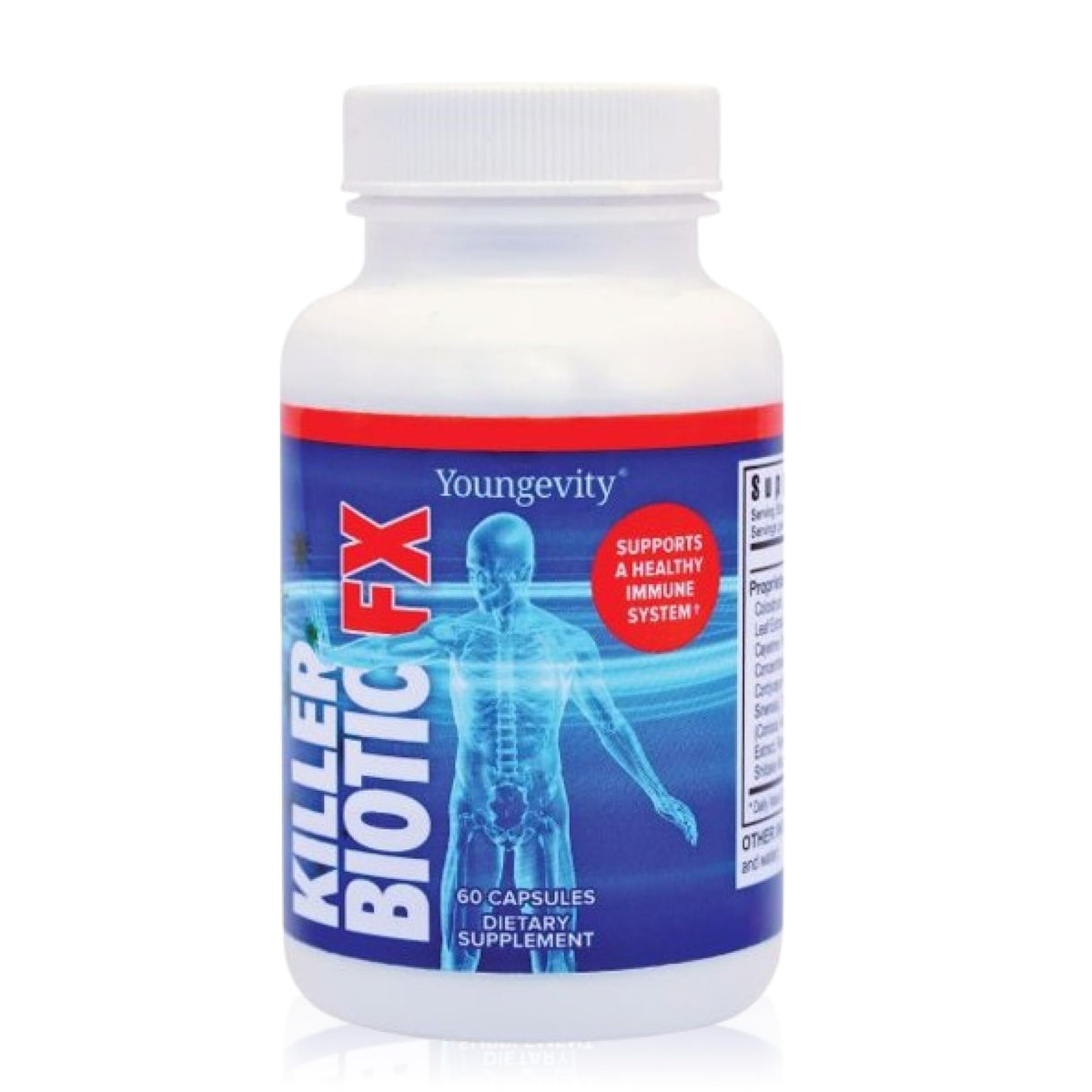 Youngevity Killer Biotic FX bottle with capsules supports daily immune health.