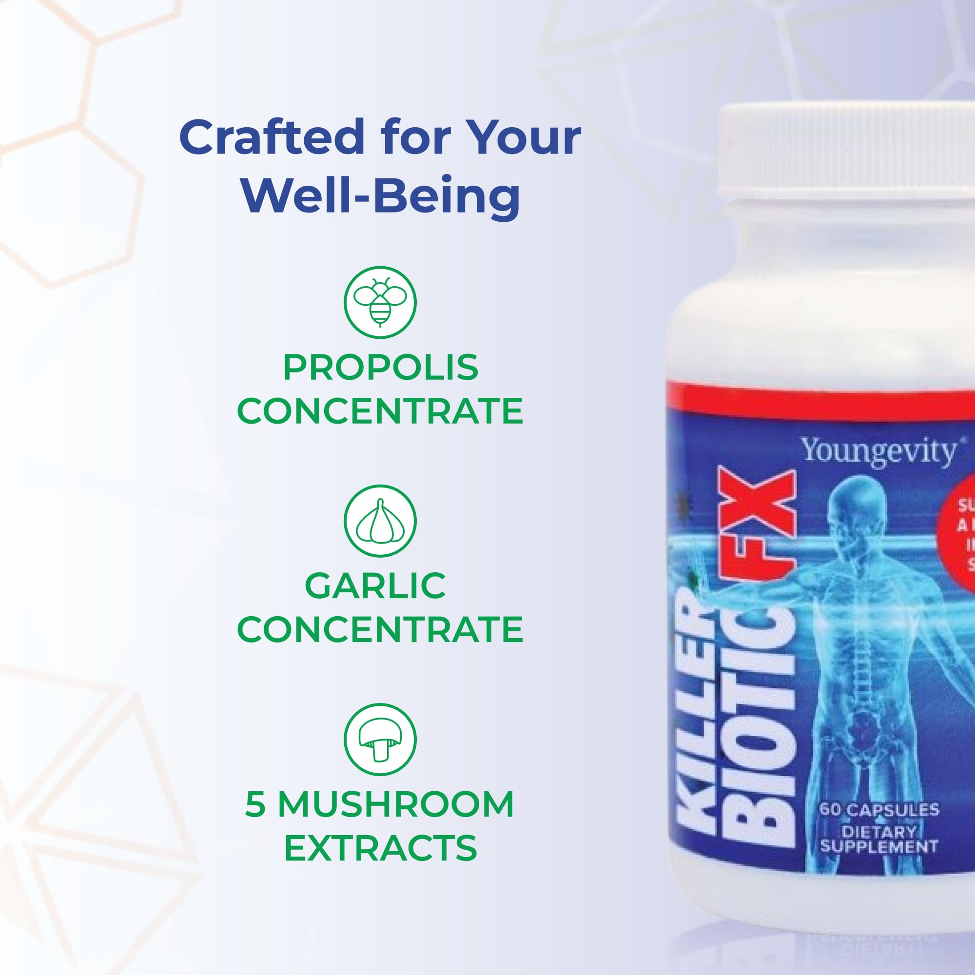 Close-up label of Killer Biotic FX showing ingredients and bottle content.