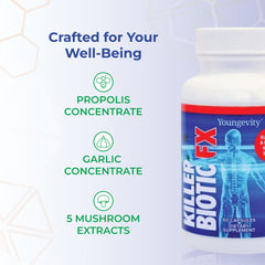 Close-up label of Killer Biotic FX showing ingredients and bottle content.
