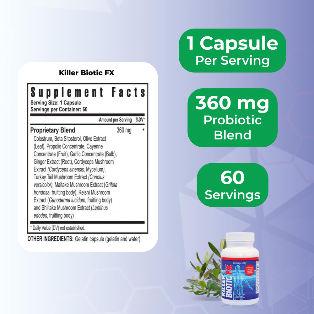 Killer Biotic FX mushroom extract close-up showing immune support.