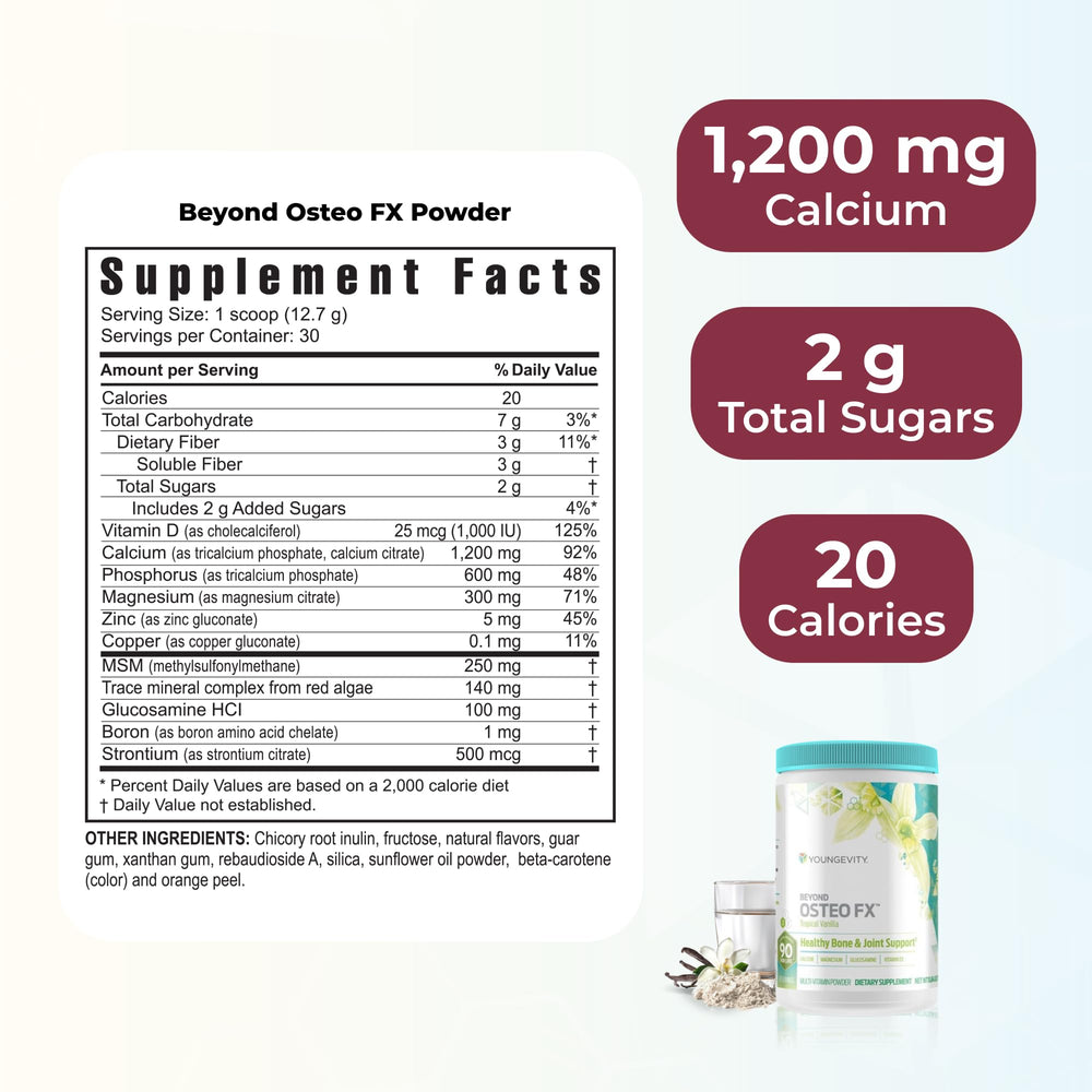 Youngevity Osteo-FX powder tub displays bone-support nutrients.