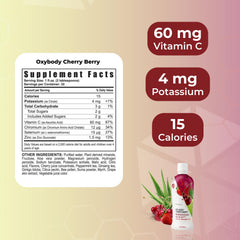 Close-up of ingredients on the Youngevity Oxybody Cherry Berry label emphasizes aloe vera and oxygen-rich formula.