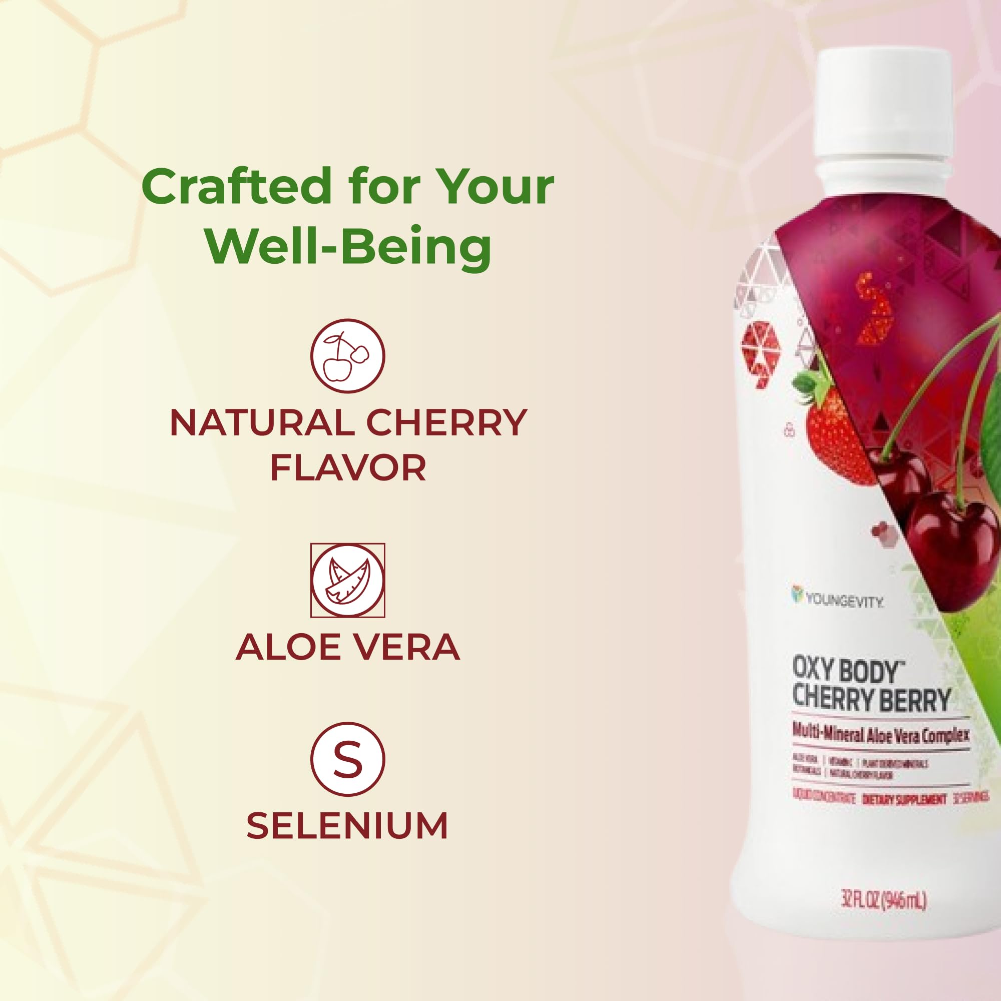 Glass of Youngevity Oxybody Cherry Berry with cherry garnish suggests refreshing, immune-friendly hydration.