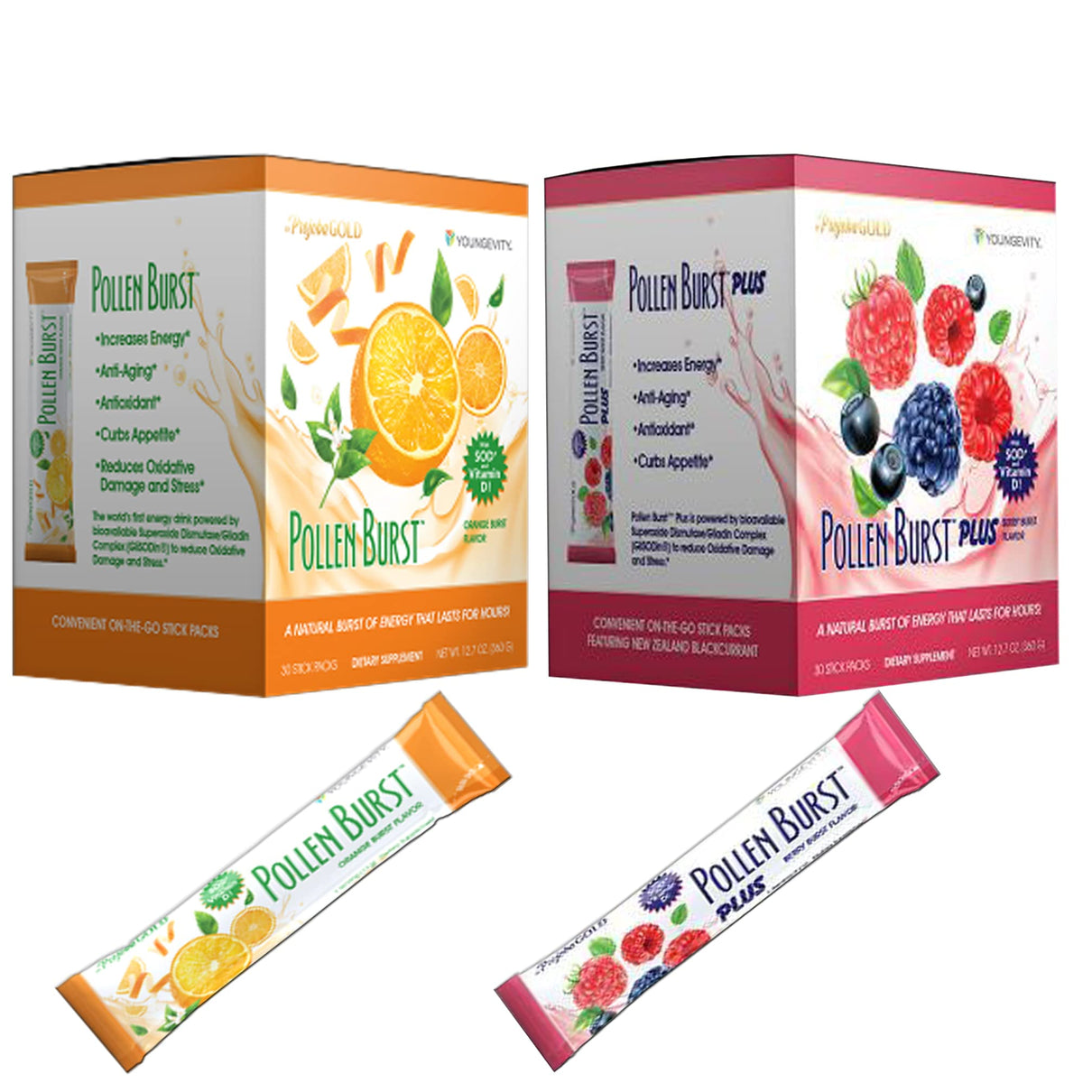 Youngevity Pollen Burst Combo with orange and berry flavor for an energizing boost