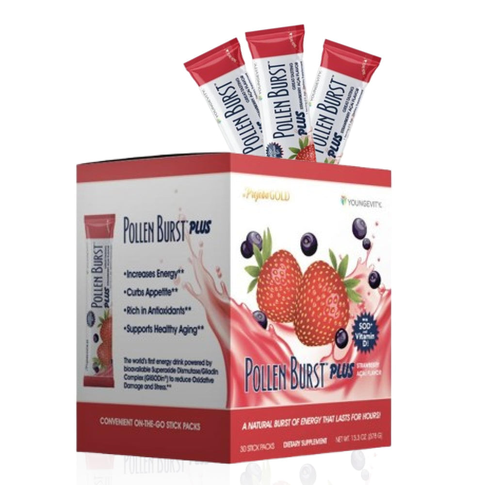 Youngevity Pollen Burst bottle with Strawberry Acai flavor for natural daytime energy