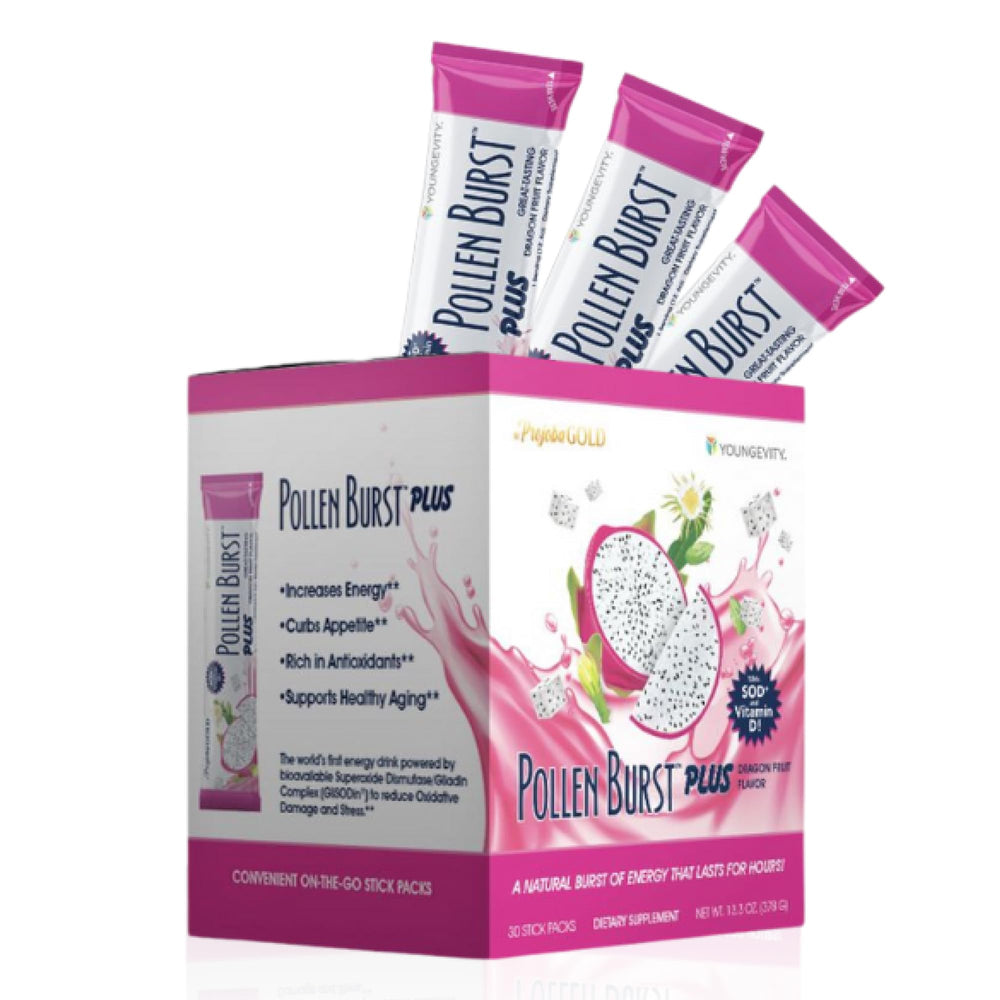Youngevity ProJoba Pollen Burst dragon fruit packaging for on-the-go energy.