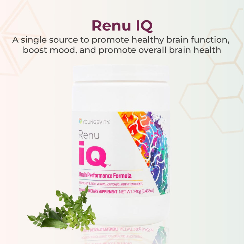 Youngevity Renu iQ bottle side view showing a compact container for on-the-go use.
