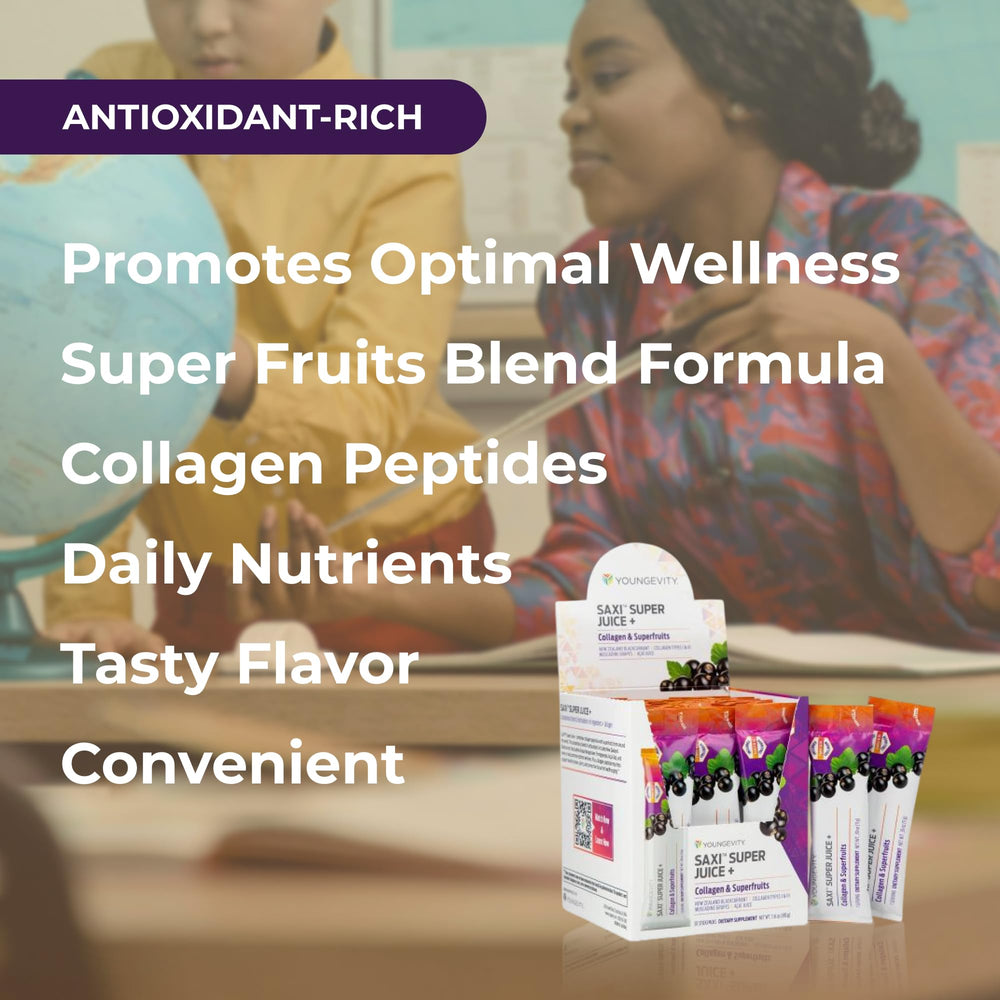 Youngevity SaXi Super Juice + glass with juice and vibrant color
