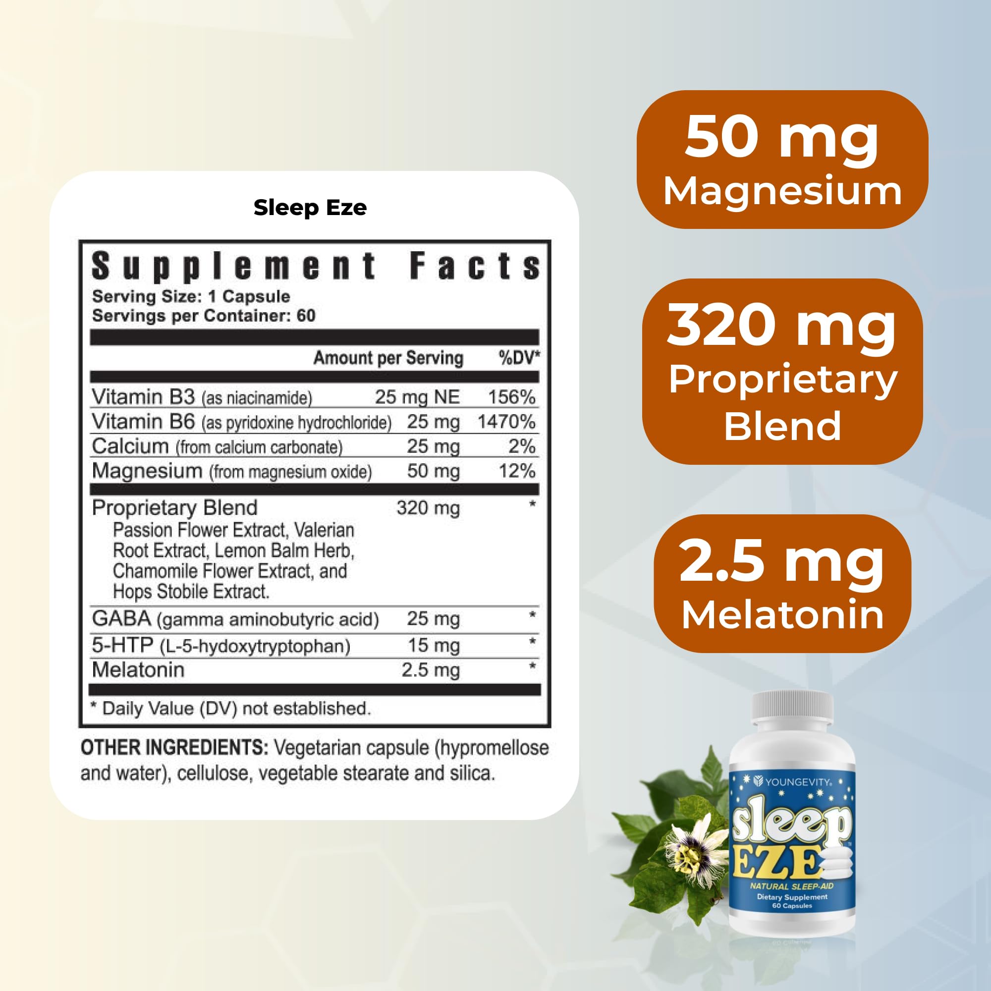 Youngevity Sleep Eze capsules on white background indicating non-habit forming sleep support