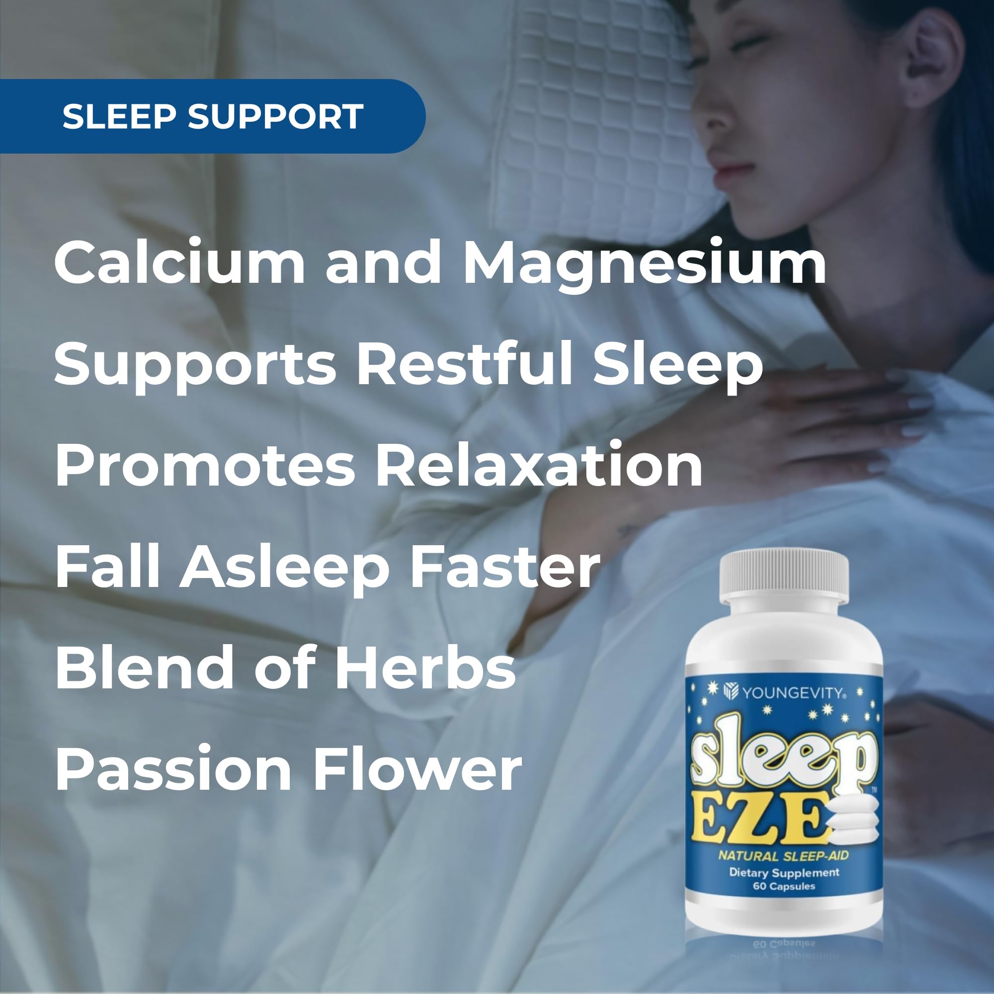 Youngevity Sleep Eze packaging box highlighting natural ingredients and trust signals
