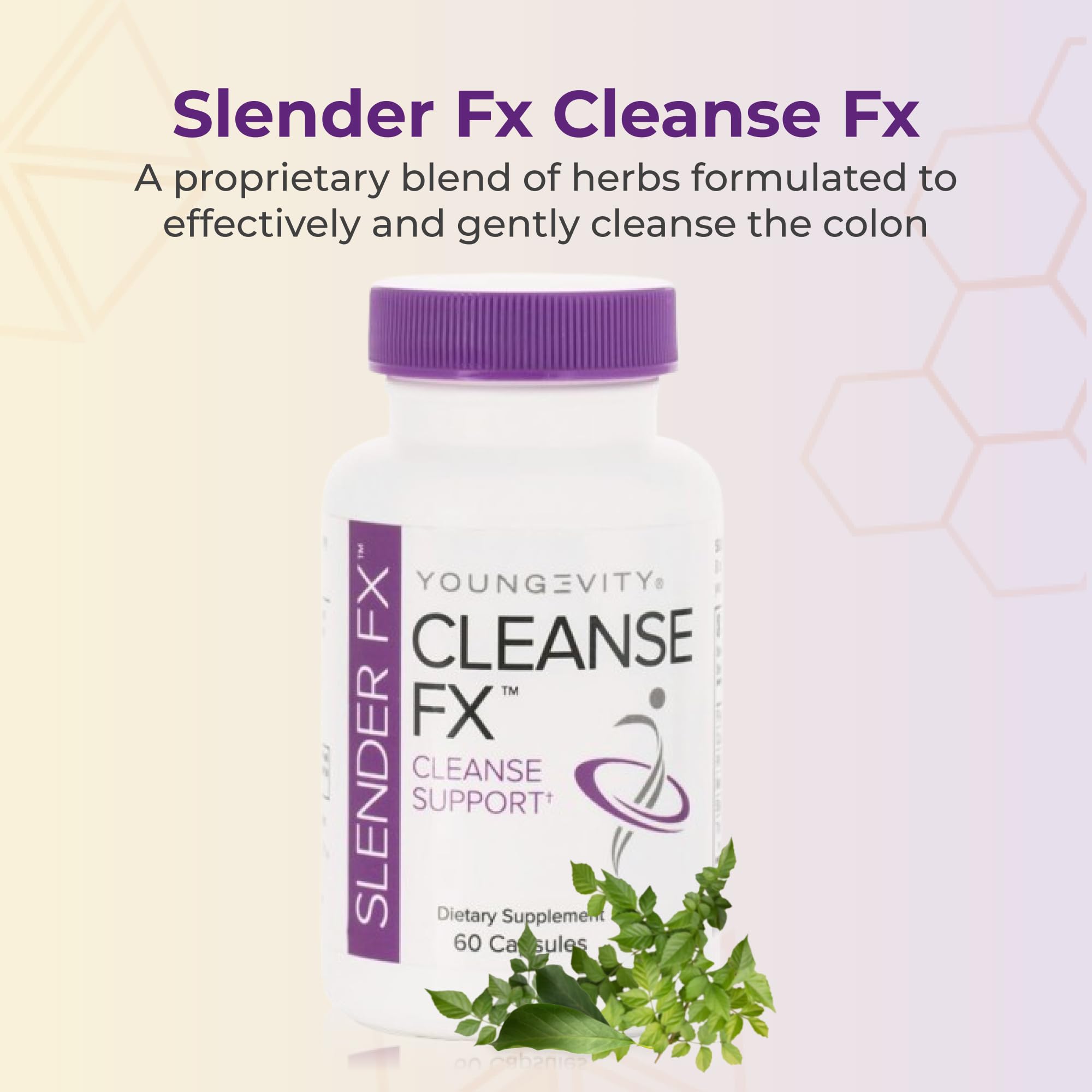 Youngevity Slender Fx bottle back label highlights capsule count and natural herb blend.