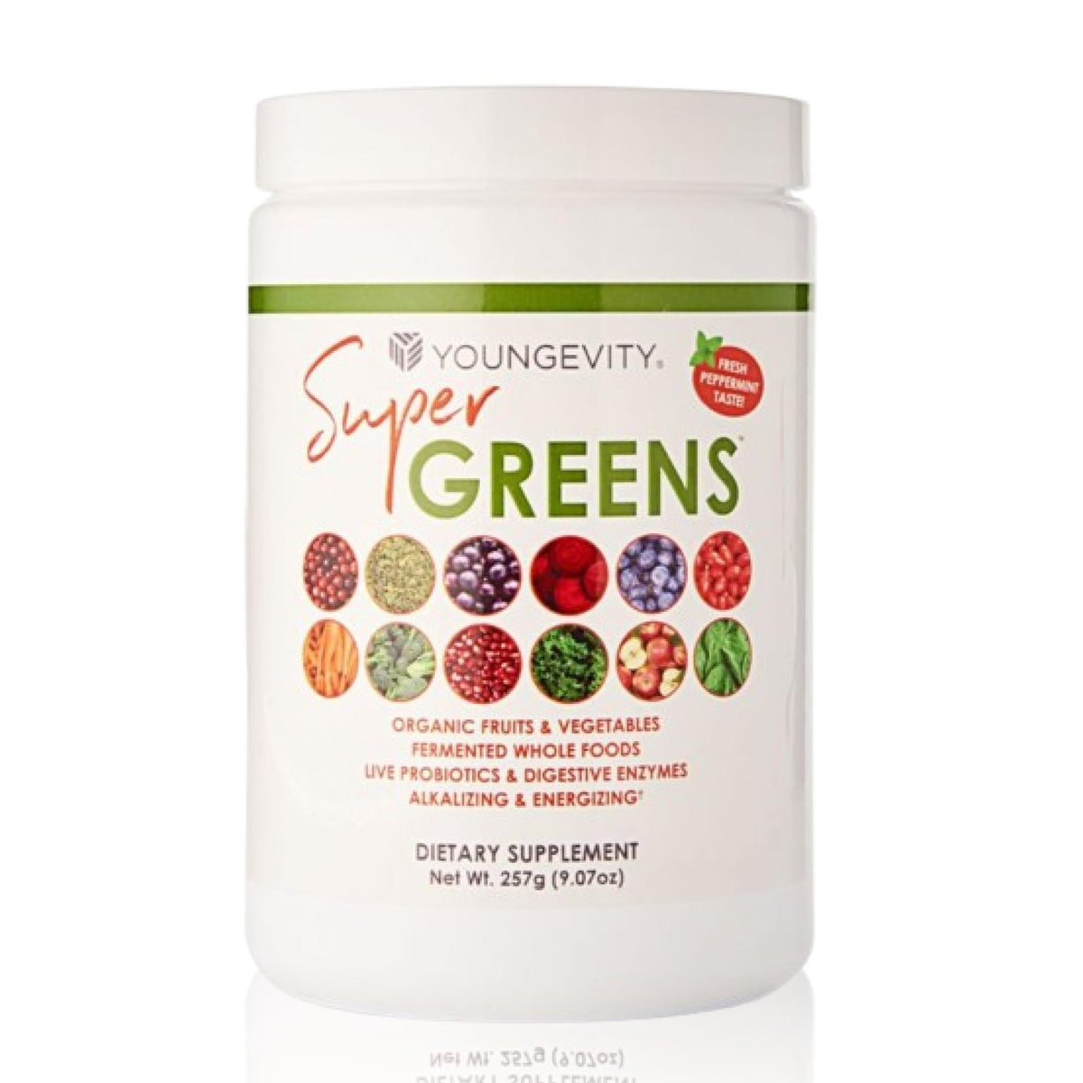 Youngevity Super Greens bottle front offers a convenient daily greens boost.