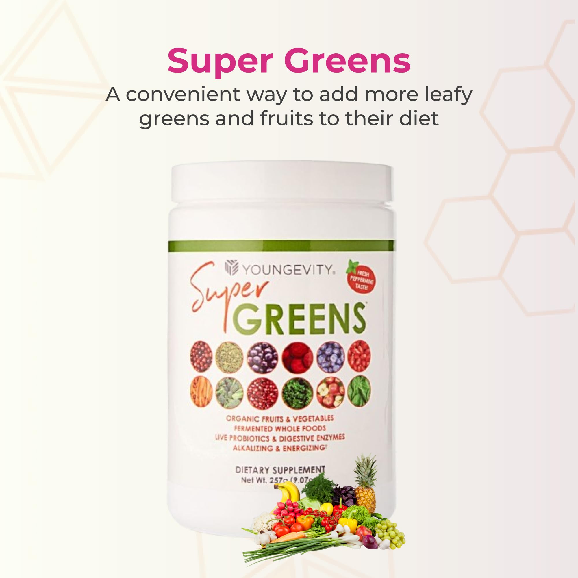 Youngevity Super Greens nutrition label close-up for quick nutrient source awareness.