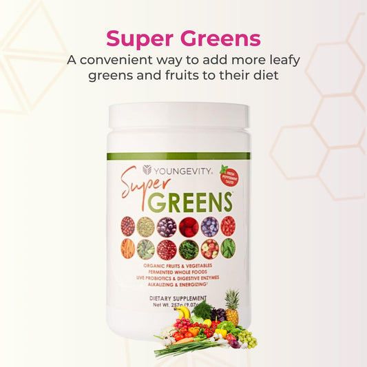 Youngevity Super Greens nutrition label close-up for quick nutrient source awareness.