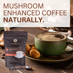 Steaming cup of Youngevity Ganoderma coffee with aromatic notes