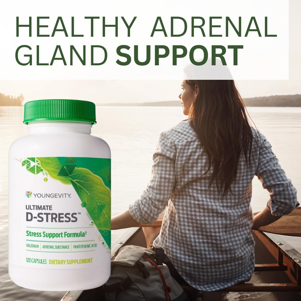 Youngevity Ultimate D-Stress bottle on table as part of a balanced routine