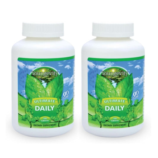 Youngevity Ultimate Daily Capsules bottle on the counter for daily nutrition.