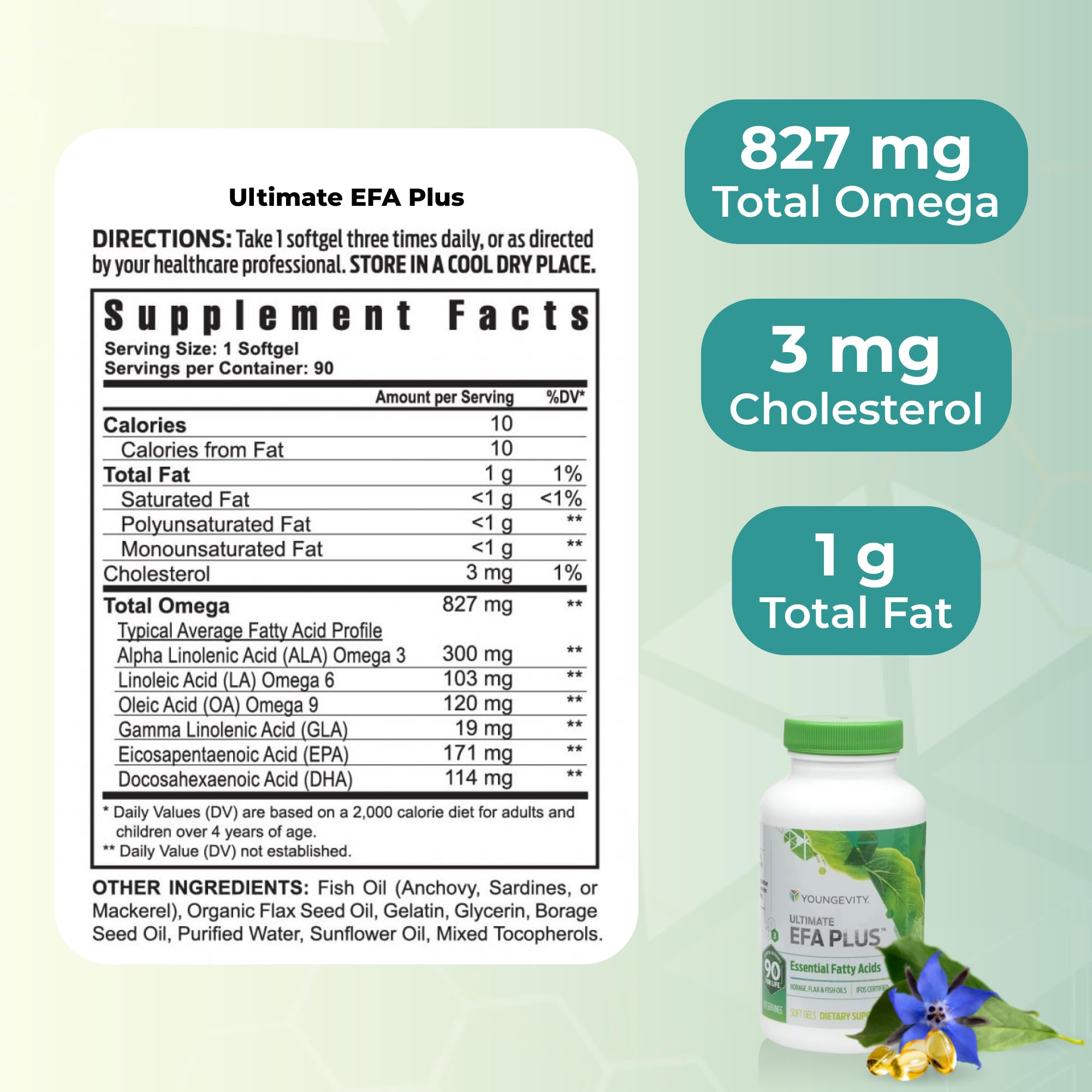 Youngevity Ultimate EFA Plus bottle with label highlighting 6-in-1 fatty acids