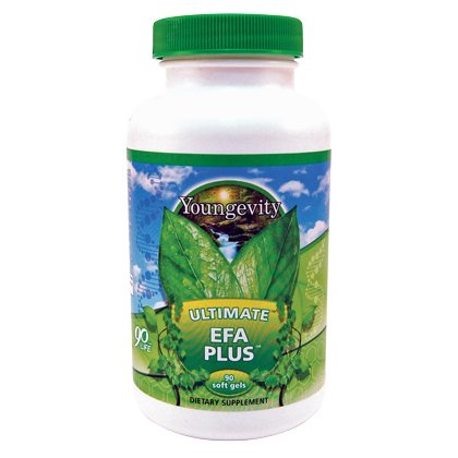 Youngevity Ultimate EFA Plus softgel bottle supports heart and brain health daily.