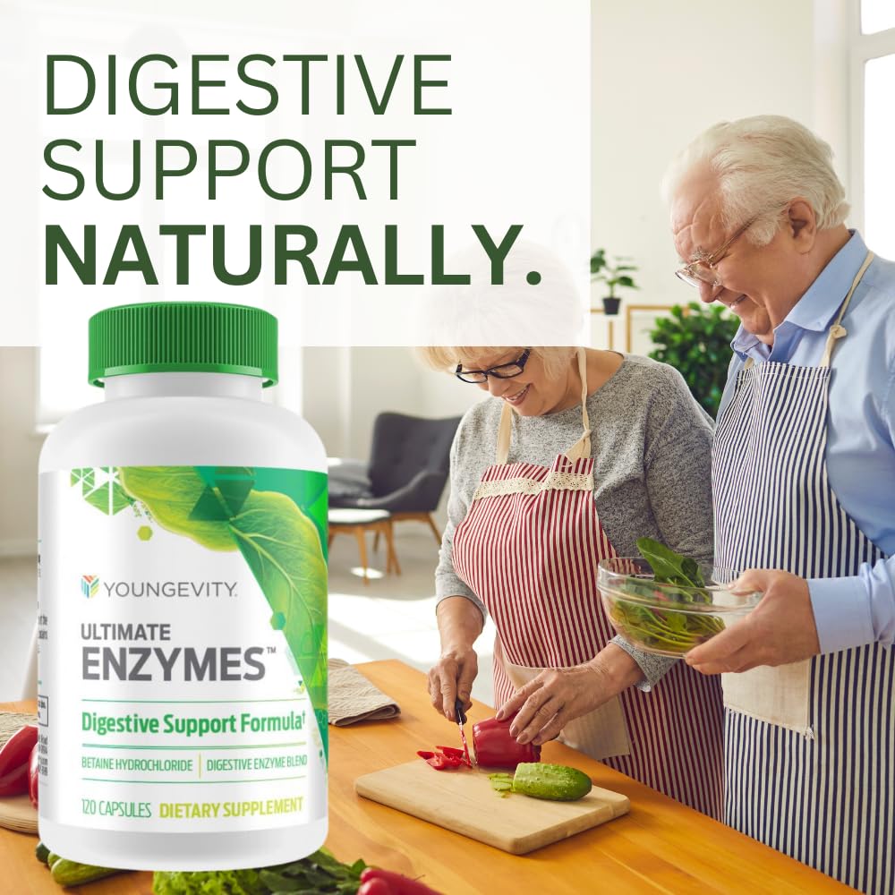 Youngevity Ultimate Enzymes label shows Betaine HCl and Ox Bile ingredients.