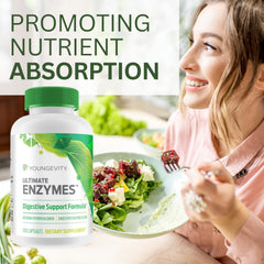 Youngevity Ultimate Enzymes being taken with a meal illustrates mealtime use.